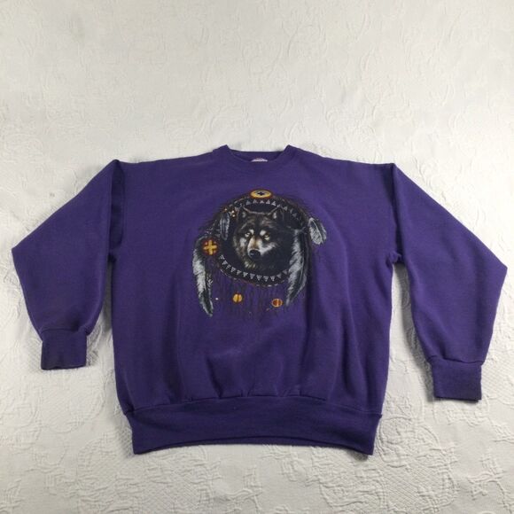 Vintage 90s Native Wolf Sweater Large Purple Long Sleeve Mens Pullover USA - Picture 1 of 8